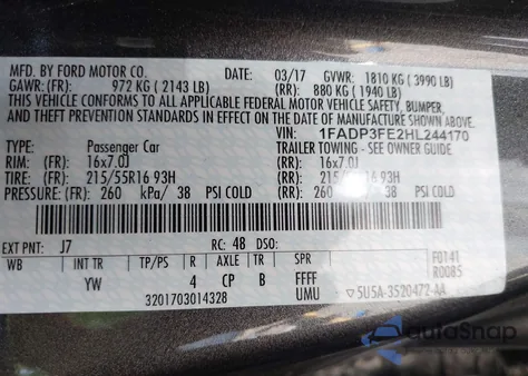 2017 Ford Focus Se из США, поврежденный, VIN 1FADP3FE2HL244170